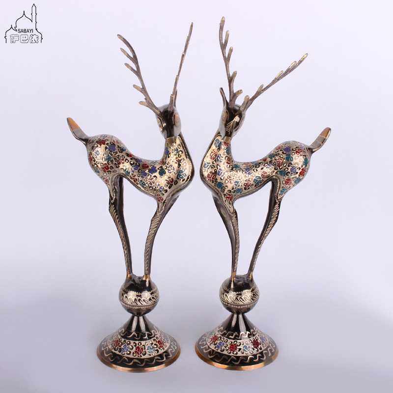 巴基斯坦铜器精雕踩球鹿动物进口手工艺术铜制摆设婚房摆设