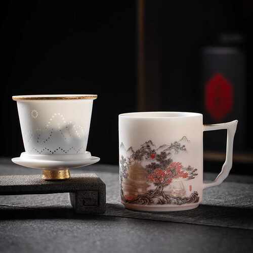 素烧羊脂玉办公杯茶水分离带盖商务品茗杯国潮山水江山阁楼马克杯