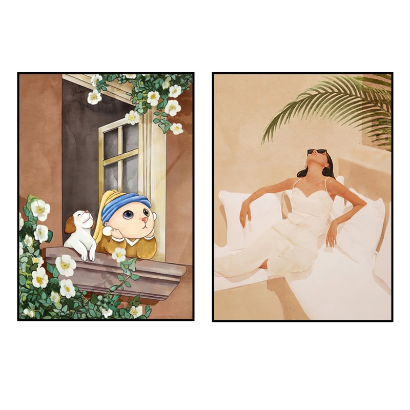 北欧风装饰画文艺小众美女人物卡通猫咪插画民宿餐厅卧室客厅挂画图片