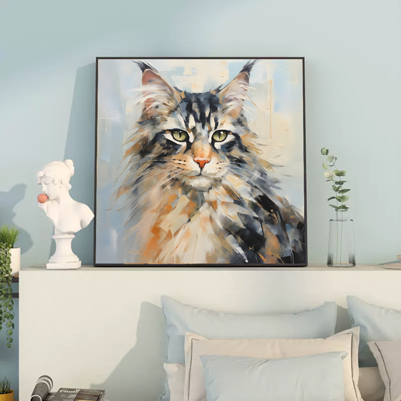 油画风长毛猫咪卧室装饰画客厅餐厅墙面挂画宠物店壁画桌面摆画图片