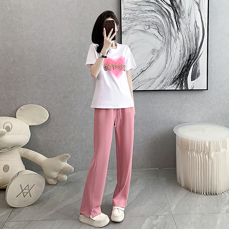 时尚休闲套装女夏2025新款宽松B显瘦减龄洋气烫钻T恤阔腿裤两件套