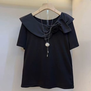 时尚 夏季 小衫 胖妹妹大码 拼接荷叶领立体花朵半袖 女人x衫 新款 韩版