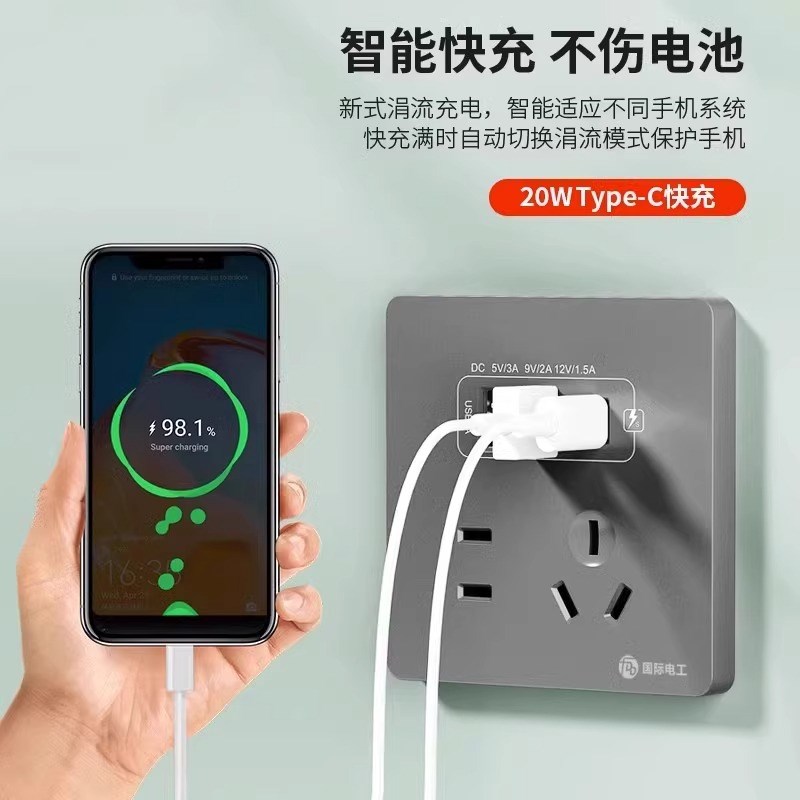 国际电工86型20W快充USB面板开关墙壁手机充电Type-c家用插座