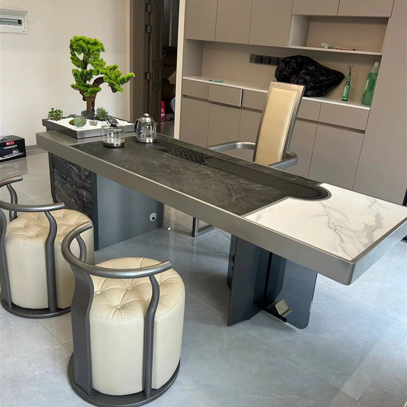 新中式岩板茶桌椅组合现代简约北美黑胡桃木办公室泡茶台