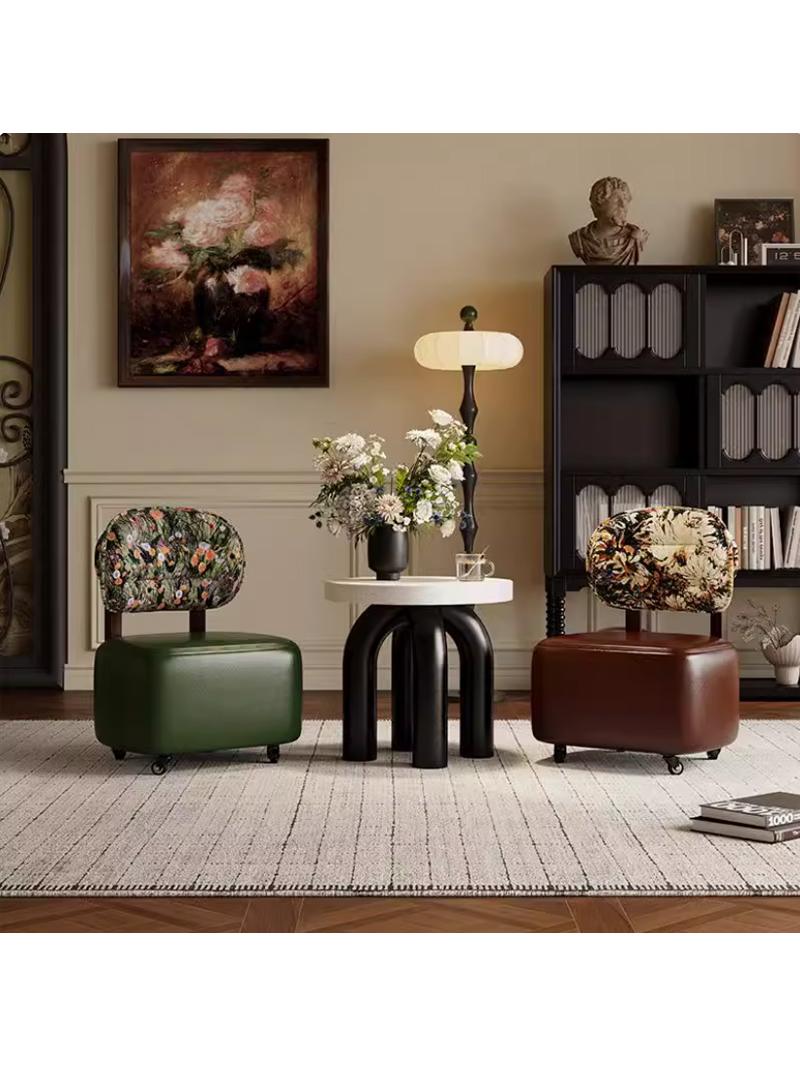 可移动带轮旋转客厅矮凳靠背椅子万向轮沙发凳溜溜凳实木