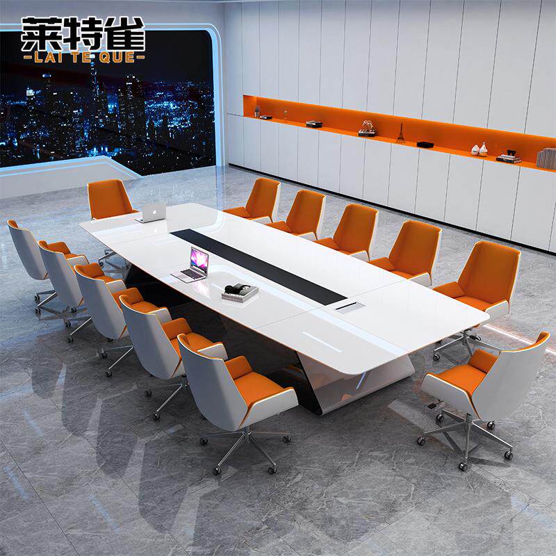 白色烤漆会议桌长桌简约现代大型长方形条桌洽谈办公家具桌椅组合