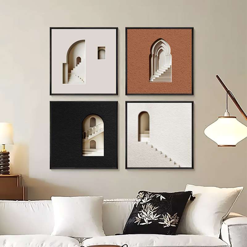 现代简约客厅装饰画立体空间感玄关挂画轻奢建筑风延伸感餐厅壁画图片