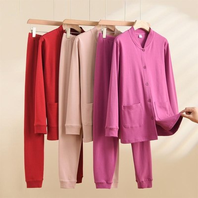 中老年全开襟衫秋衣裤女宽松妈妈保暖加肥大Q码厚长袖内衣套装