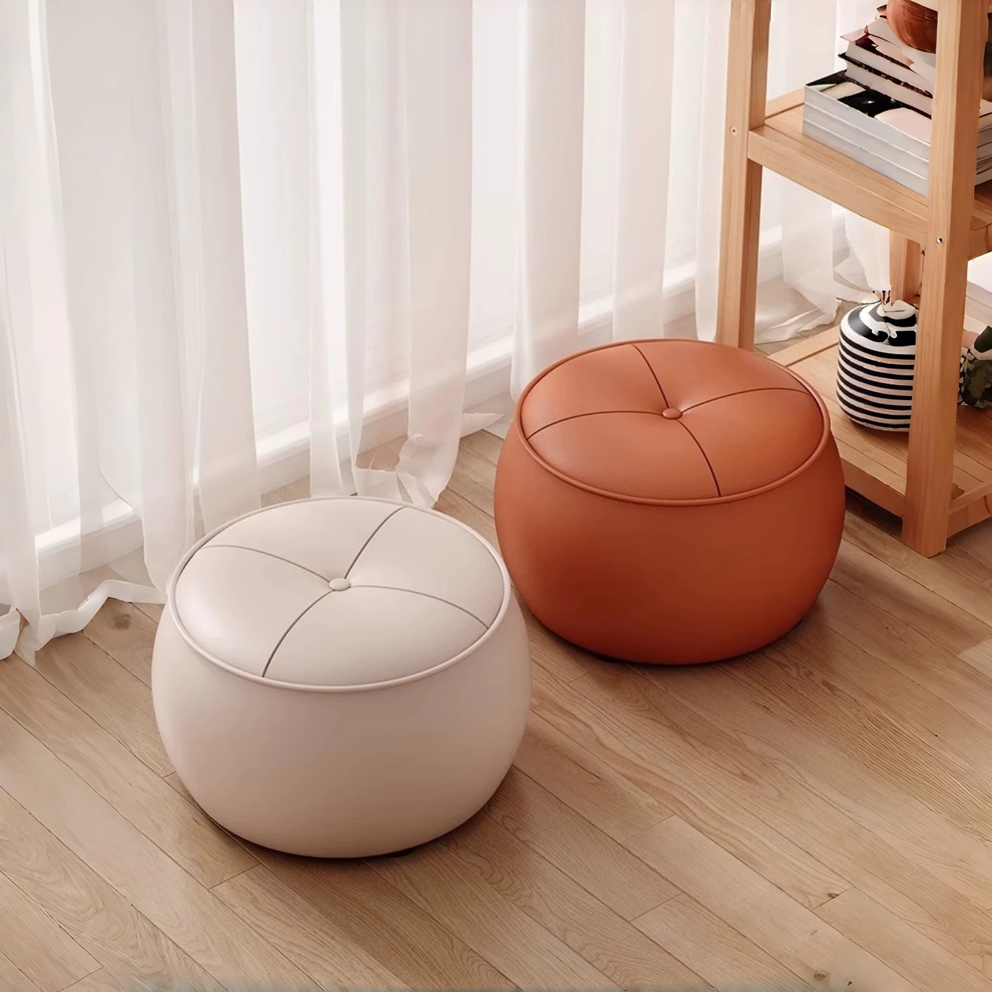 入户门口换鞋凳轻奢实木圆凳皮质