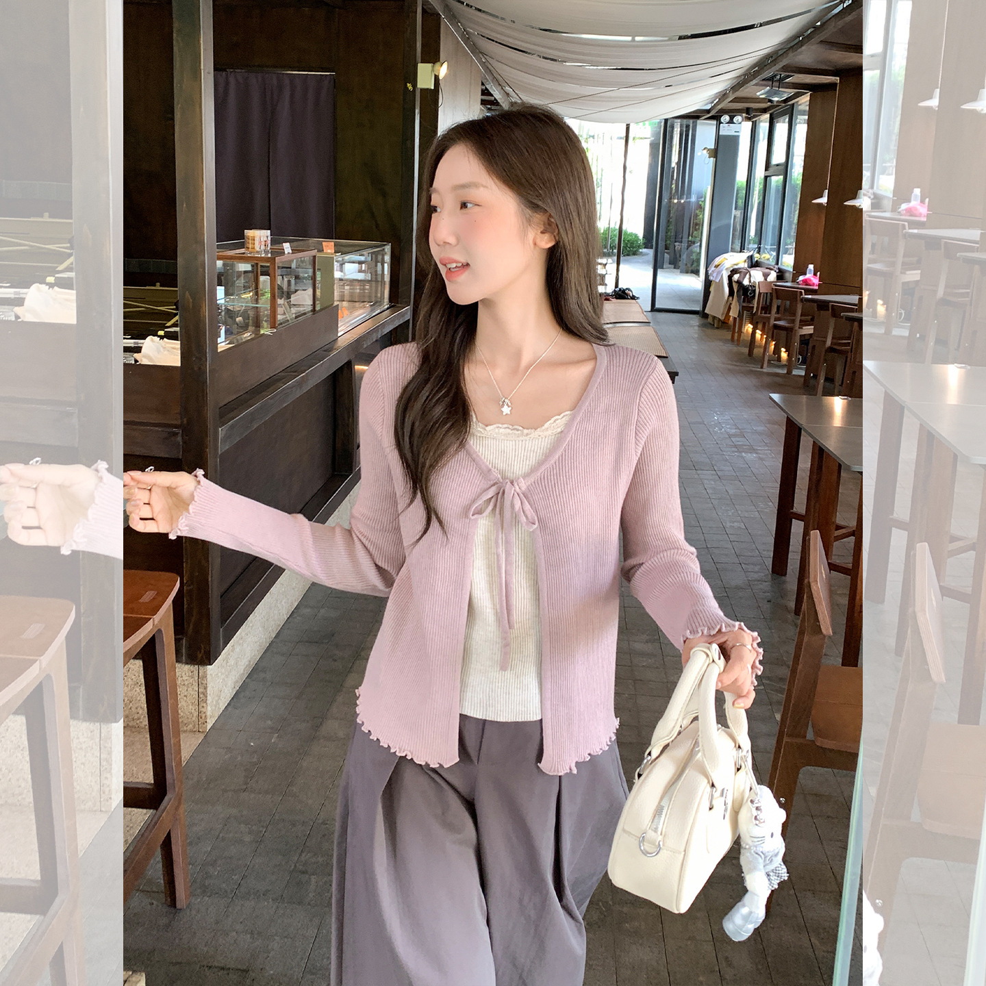 粉色蕾丝花边假两件设计