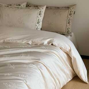 A类中式 100S纯棉高端四件套竹叶高精密刺绣提花全棉被套床上用品