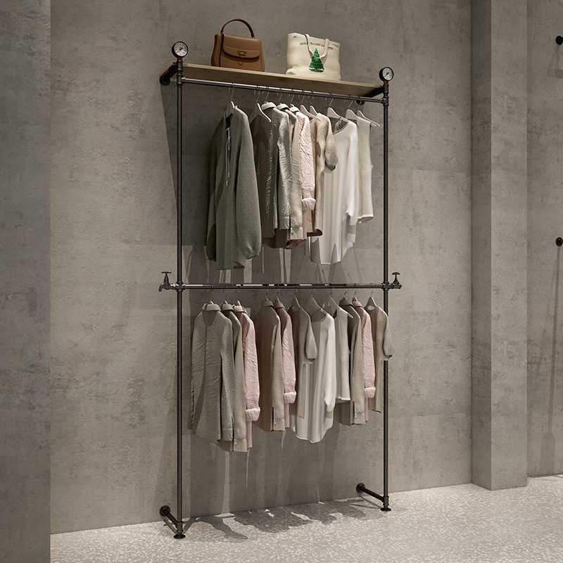 铁艺复古水管靠墙服装架落地展示架水管立柱双层挂衣架男女装衣架