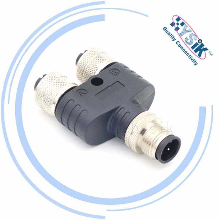 M12 y型连接器 3芯4芯5芯8芯三通分线器插头一公二母转接头