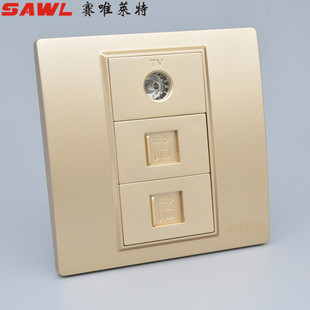 86型香槟色三位网络网线面板2个CAT6千兆六类电脑模块+TV电视插座