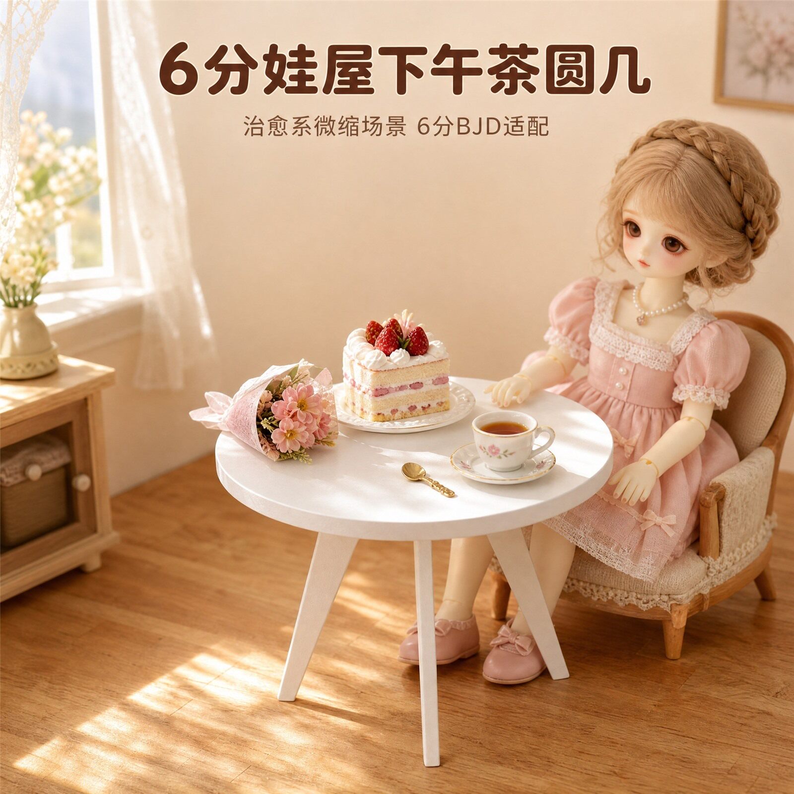 6分娃屋矮茶几 1:6迷你下午茶圆桌 娃屋食玩桌面摆件 七色3D打印