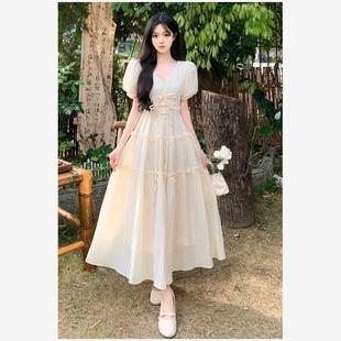 法式 大码 甜美v领仙女连衣裙女夏胖妹妹mm收腰显瘦系带公主长裙子