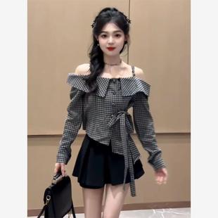 短裙网红两件套潮 温柔风洋气甜美绑带收腰显瘦荷叶边格子露肩衬衫