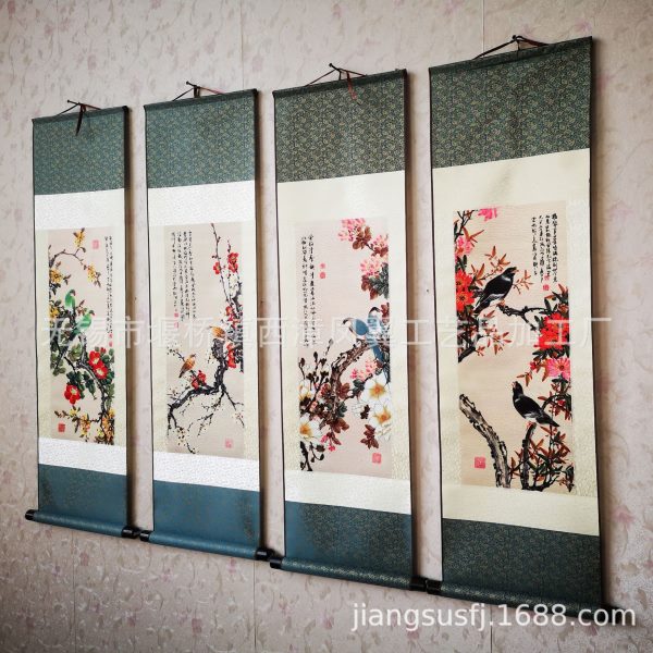 家居装饰工笔花鸟四条屏春夏秋冬丝绸画 卷轴成套国画T15