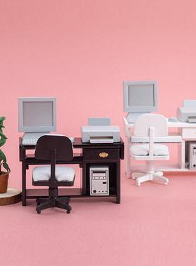 1:12娃娃屋dollhouse迷你家具模型办公场景 电脑桌椅办公用品套装