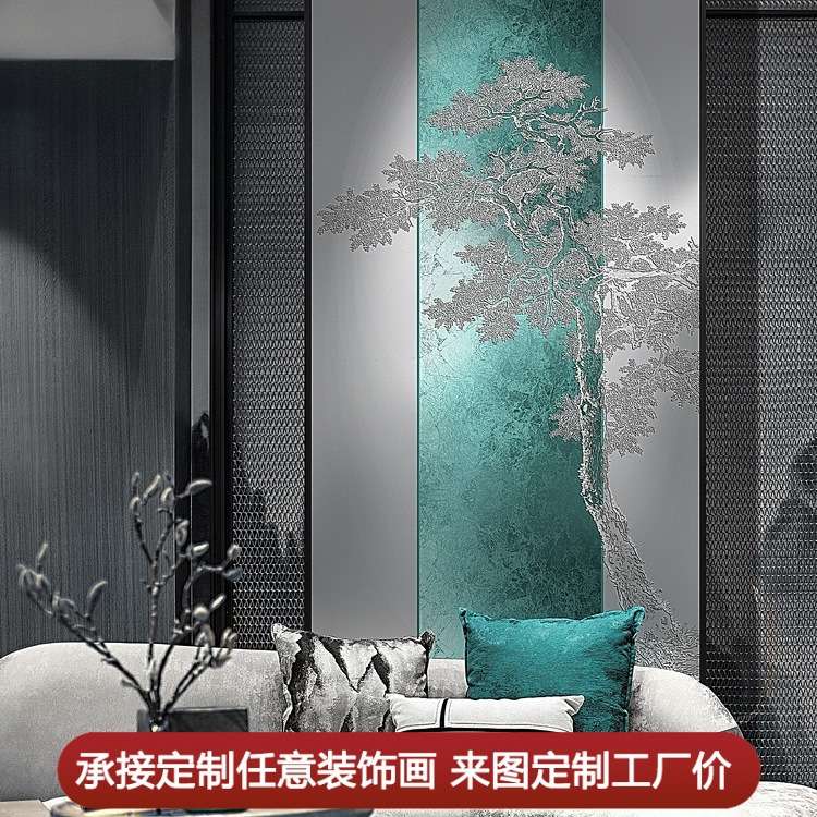 新中式现代立体艺术国风轻奢浮雕金箔装饰画玄关走廊过道挂迎客松图片
