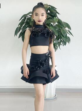 W69少儿拉丁舞服女童专业舞蹈裙儿童分体套装练功表演服夏季黑色