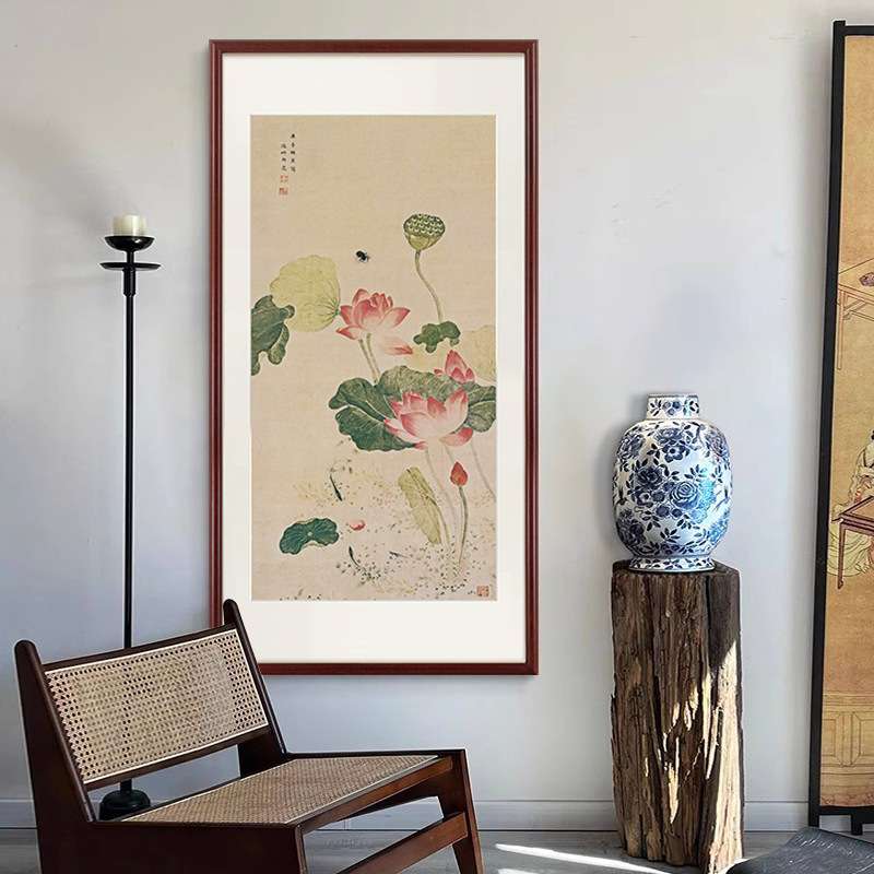 新中式荷花装饰画客厅玄关走廊花卉壁画书房茶室入户正对门挂画图片