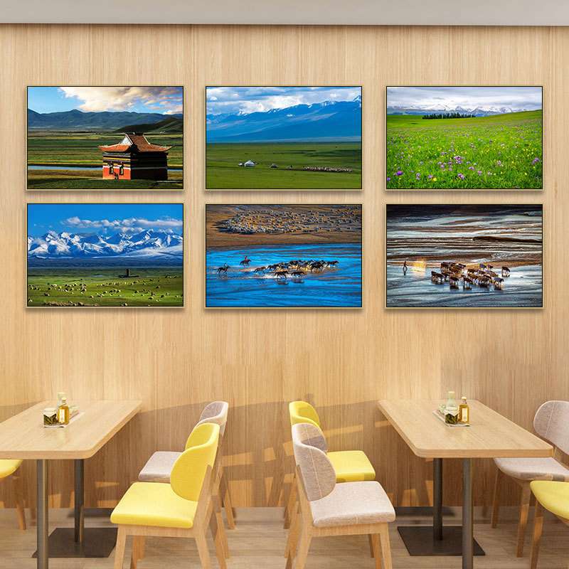 草原风景装饰画饭店餐厅面馆大自然牛羊马挂画羊肉店饺子馆墙壁画图片