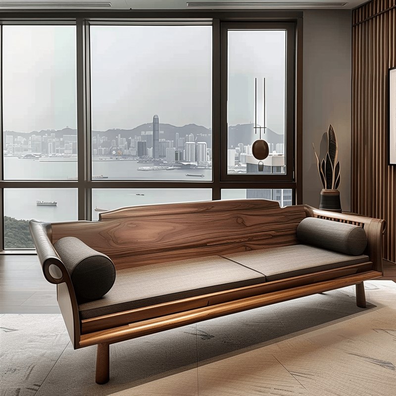 新中式北b美黑胡桃木轻奢实木沙发客厅罗汉床高端直排布艺沙发家