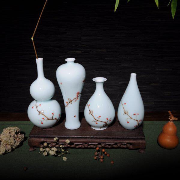 小鸟缠枝莲花插花陈设手绘陶瓷工艺品梅玉壶春水滴摆件多肉盆