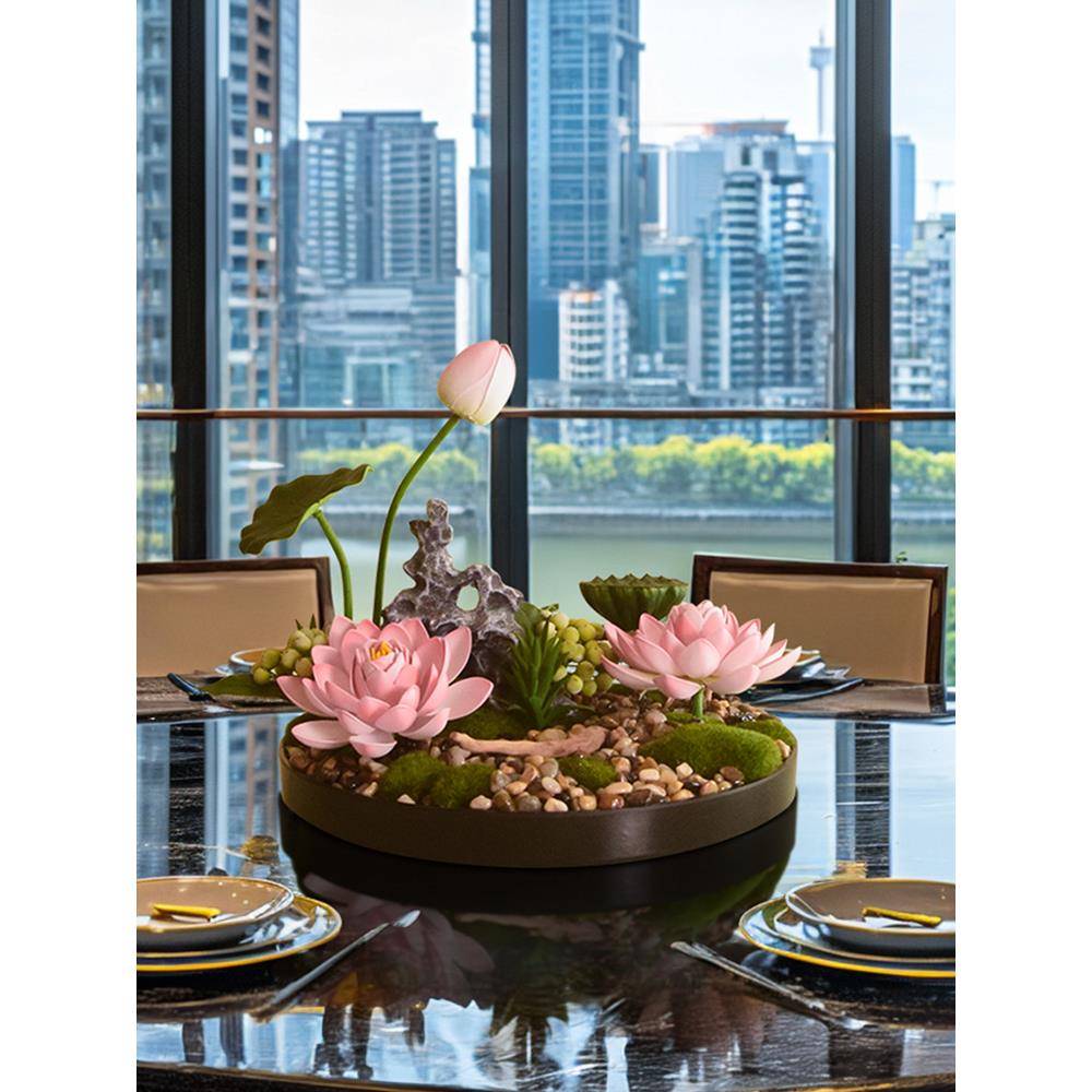 新中式餐厅大圆桌转盘中间装饰摆件酒店餐桌摆花包厢仿真花艺景观