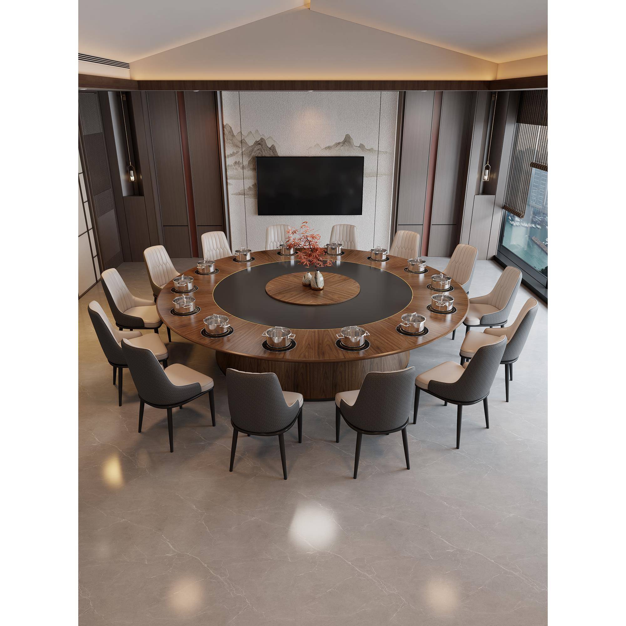 酒店电动大圆桌15人20人岩板转盘火锅桌电磁炉一体餐厅家具定制