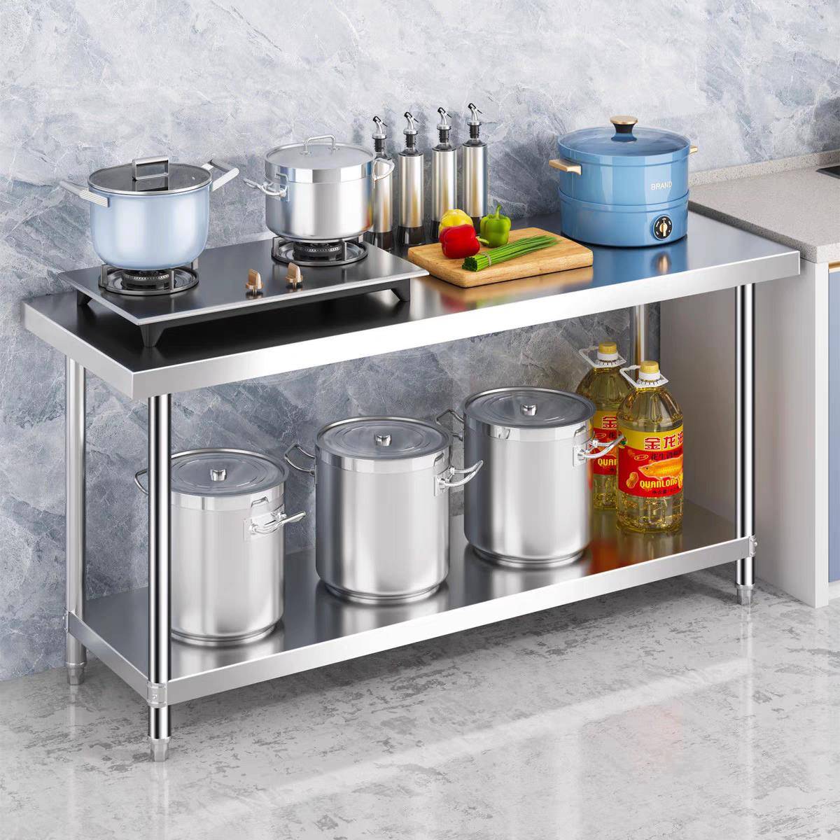 特厚不锈钢架子操作台定制置物架两层厨房白钢工作台切菜剁肉桌子