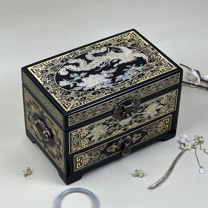 铜丝螺钿镶嵌高档首饰p盒妆奁古典高档精致钢琴漆木质非遗平遥漆