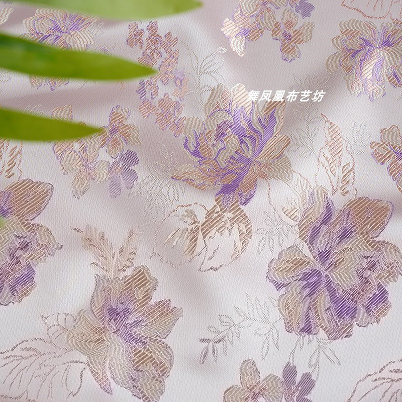 浅紫色 牡丹织锦缎提花宋锦丝绸面料 清新优雅新T中式外套马甲布
