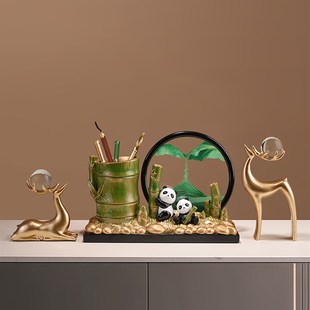 中国风熊猫文创元素笔筒流沙画摆件办公室乔迁新居送老师毕业礼物