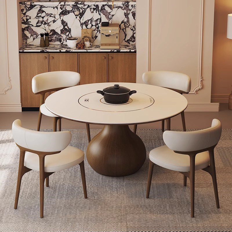 实木岩板电磁炉餐桌圆形家t用中古风圆桌内嵌电动转盘饭桌2025新
