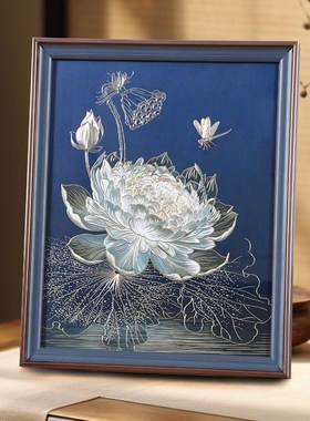 光影睡莲新款手工铜板铜雕画桌面相框摆台礼物轻奢现代风摆件高端