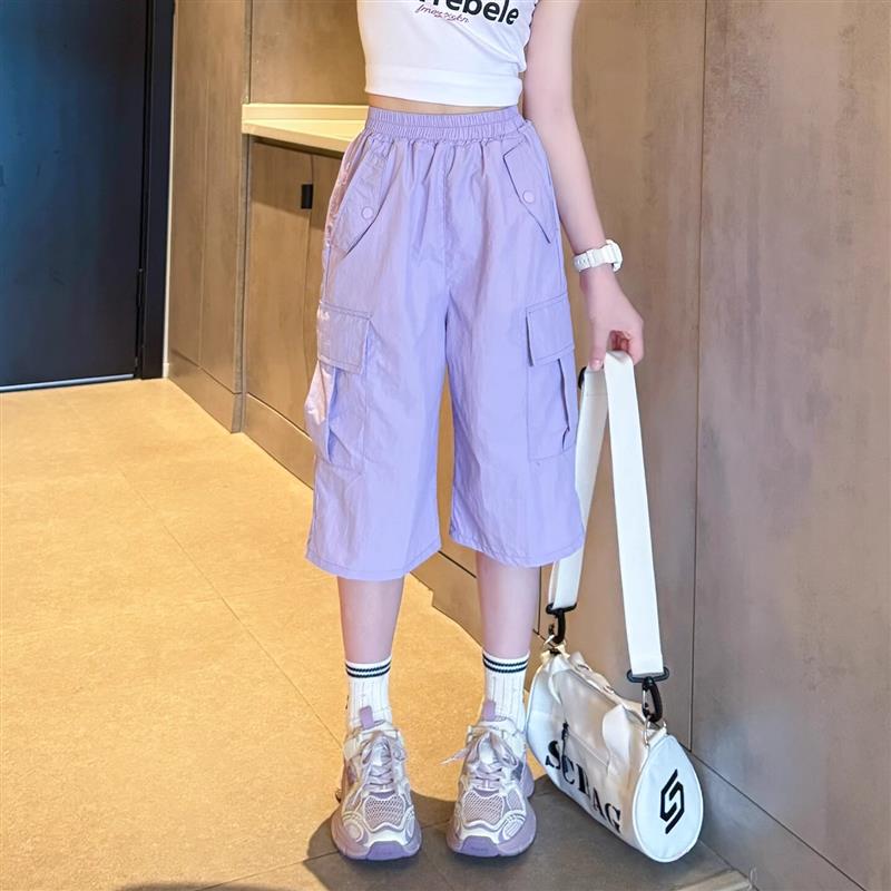 女童紫色工装短裤冰丝2025新款中大童女孩夏天速干透气凉感七分裤