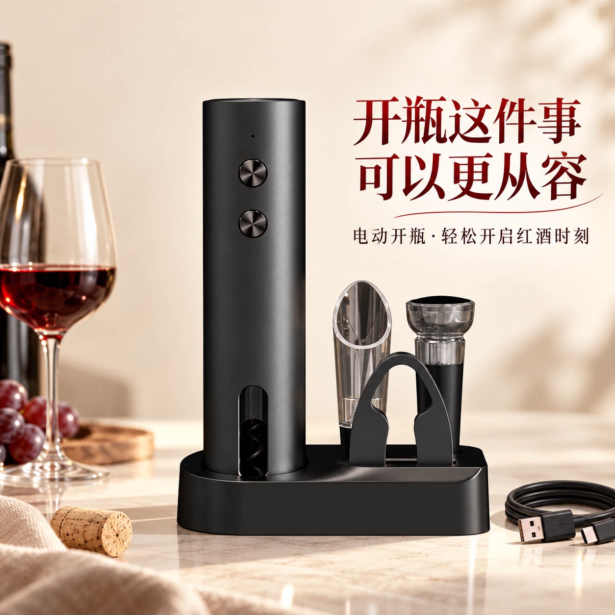 红酒开瓶器电动开酒器家用开红酒器全自动不锈钢充电款启瓶器起子