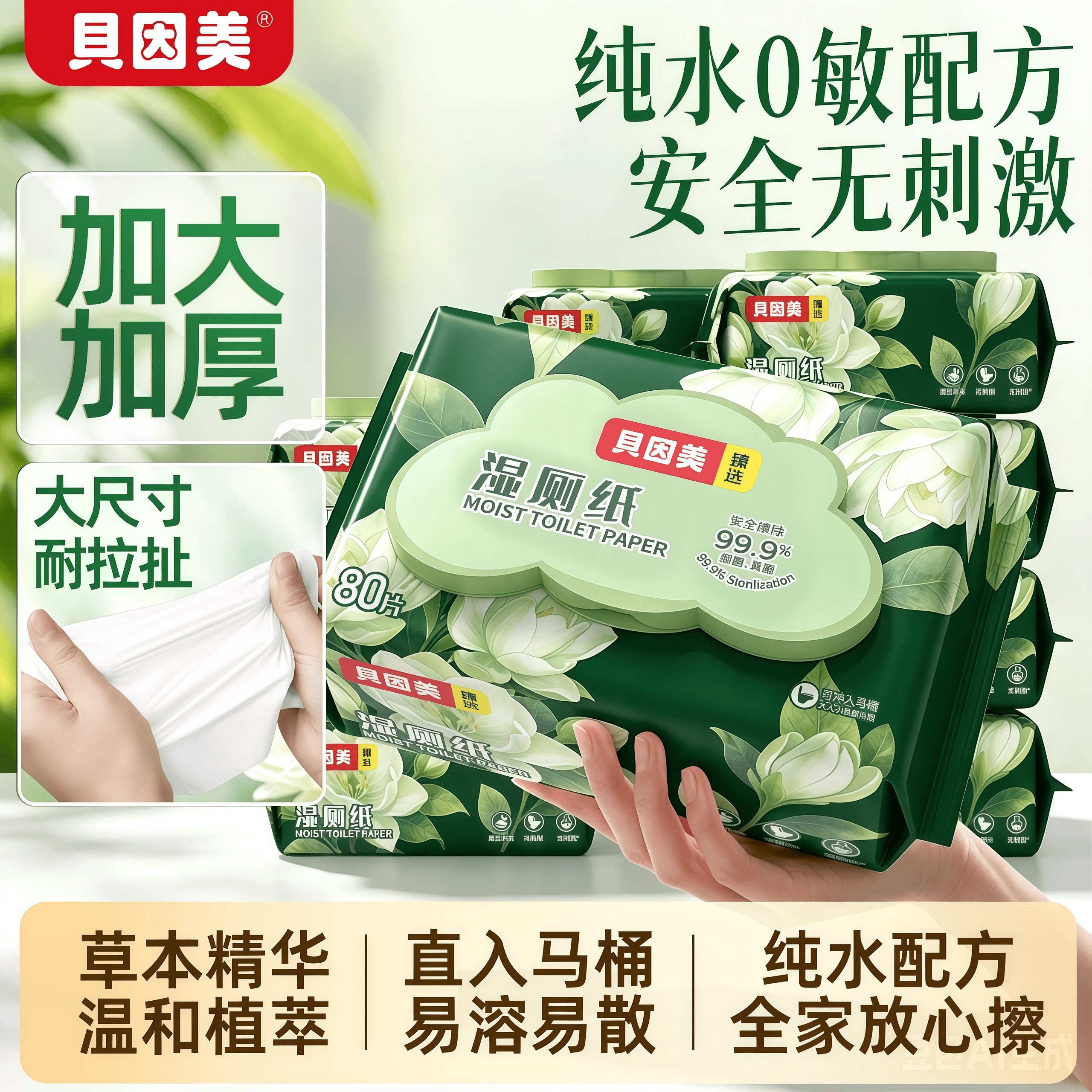 贝因美湿厕纸加大加厚大包厕巾擦屁股清洁男女宿舍家用实惠装厕纸
