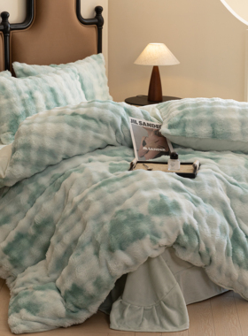 无印独白冬季兔绒雕花绒AB面四件套床单双人被套加厚四件套Q2