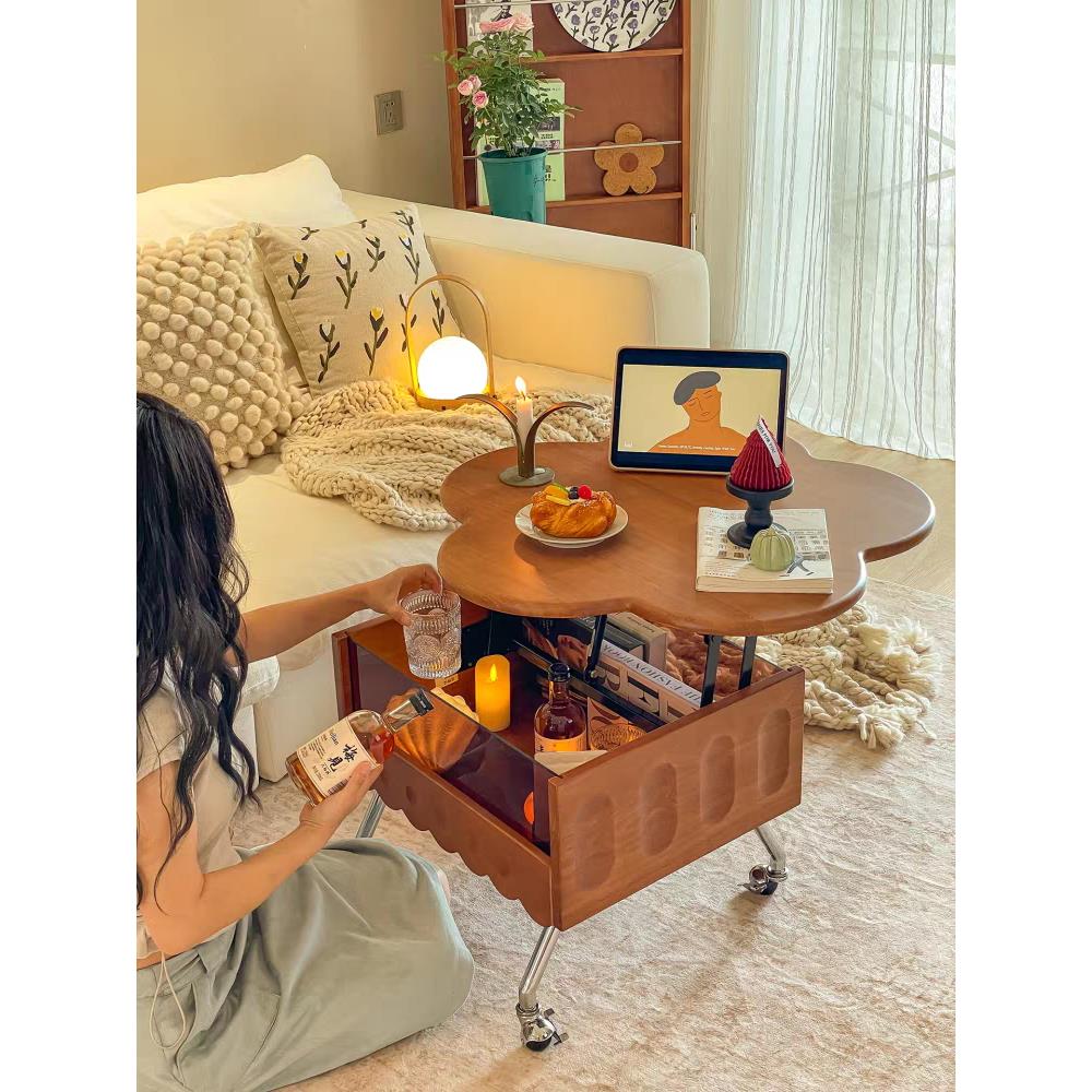 中覆古实木可升降移动边几法式小户型家用小推车客厅轻奢沙发边柜
