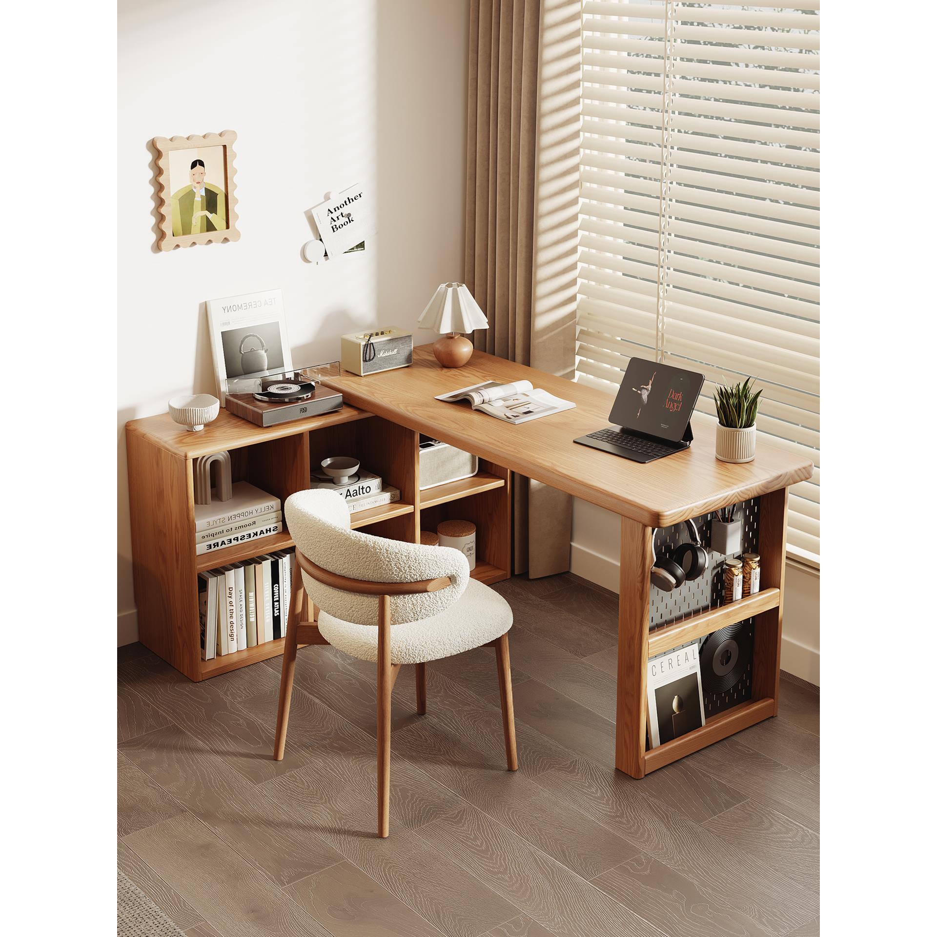 实木转角书桌书架一体书柜组合书房书桌 L型办公学习桌拐角电脑桌