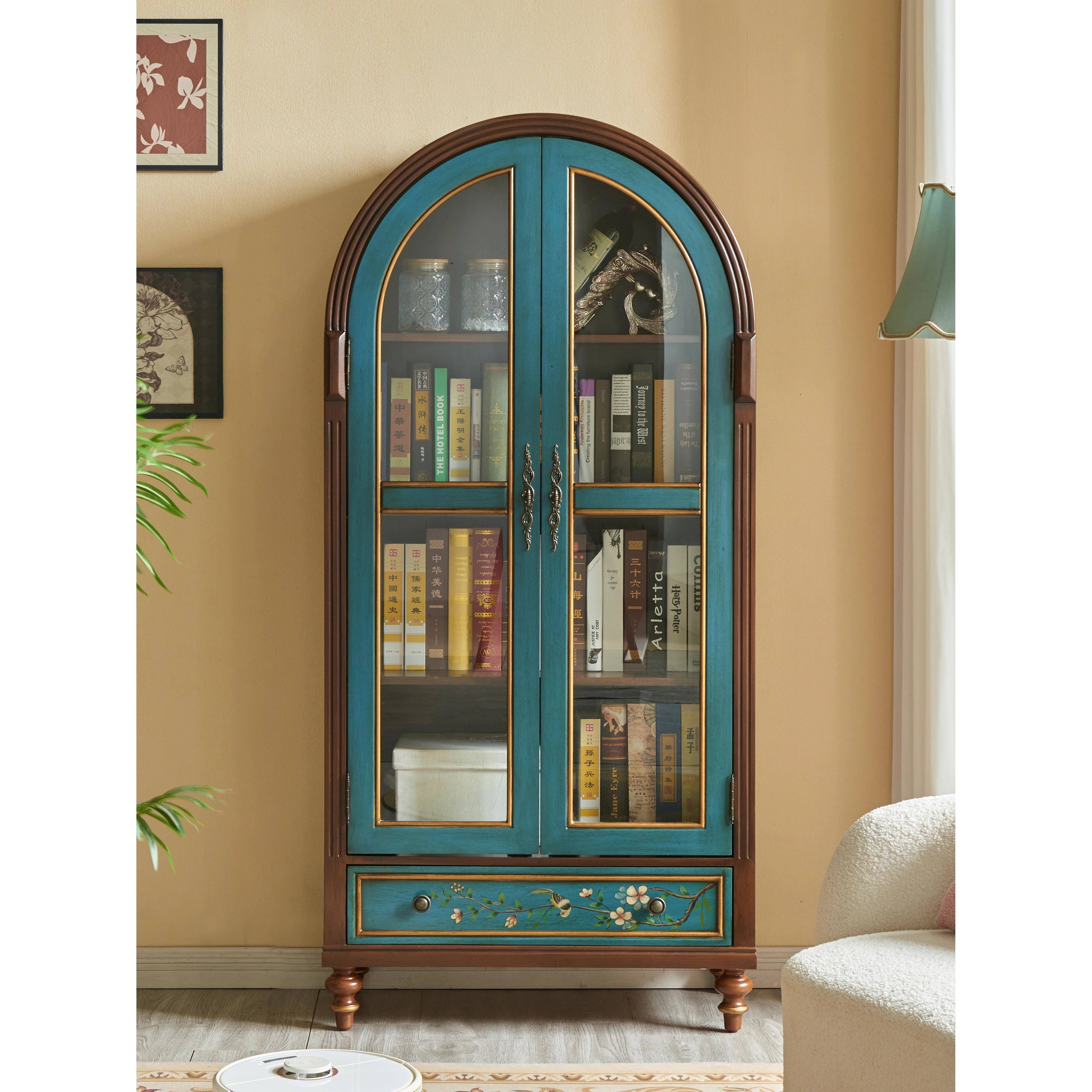 美式书柜实木酒柜玻璃门展示柜书架边柜文件柜子两门彩绘覆古家具