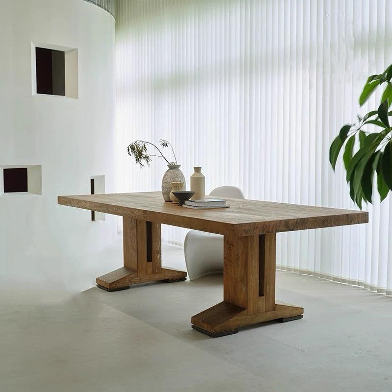 做旧纯实木餐桌原木大板长条办公桌工作台乡村复古会客桌洽谈桌子