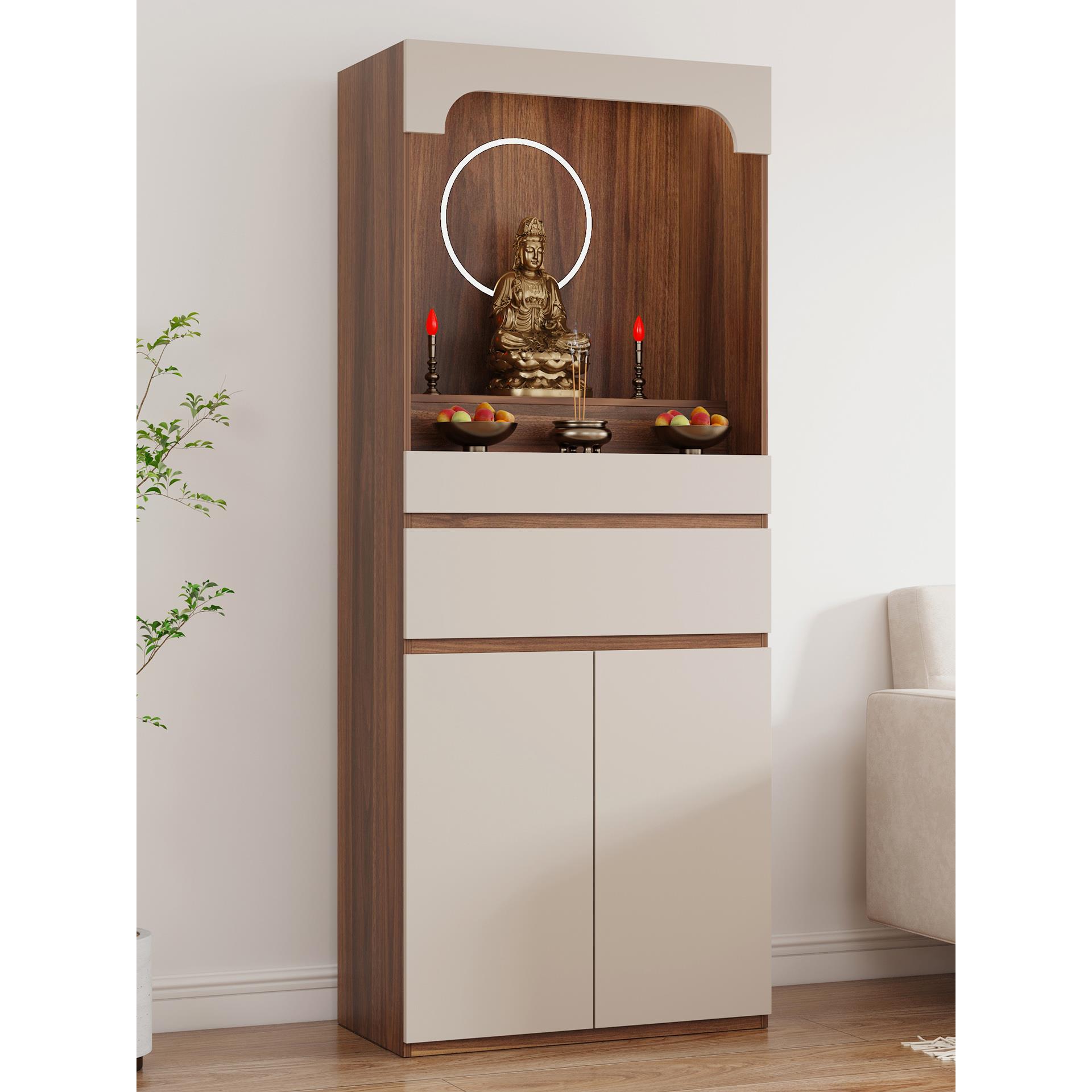 实木佛龛供桌神台观音菩萨家用财神专用圆形背景灯新中式立柜带门