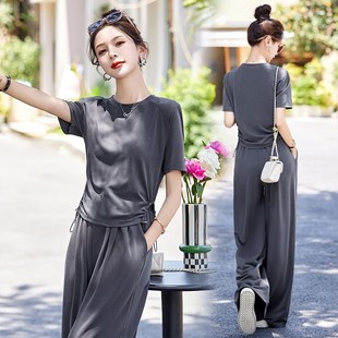 M阔腿长裤 休闲设计感套装 抽皱T恤 女2025年夏季 显高显瘦两件 新款