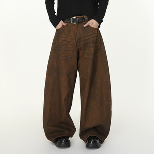 【季风馆】周深同款美式弯刀阔腿复古做旧大裤筒水洗纹个性牛仔裤