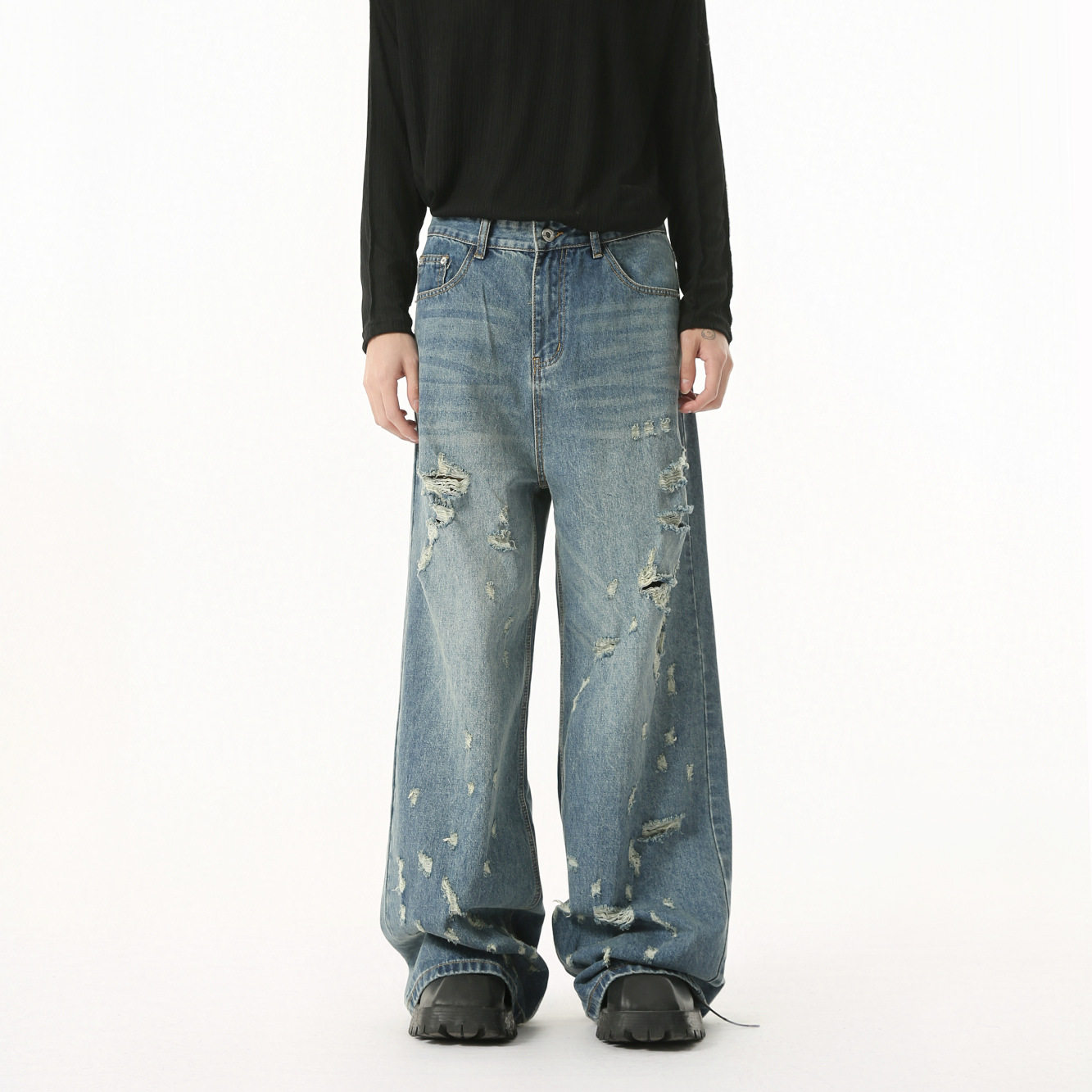 【季风馆】潮男穿搭 小众不规则磨破做旧破洞设计高街直筒牛仔裤