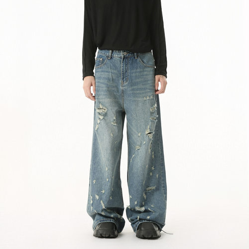 【季风馆】潮男穿搭 小众不规则磨破做旧破洞设计高街直筒牛仔裤